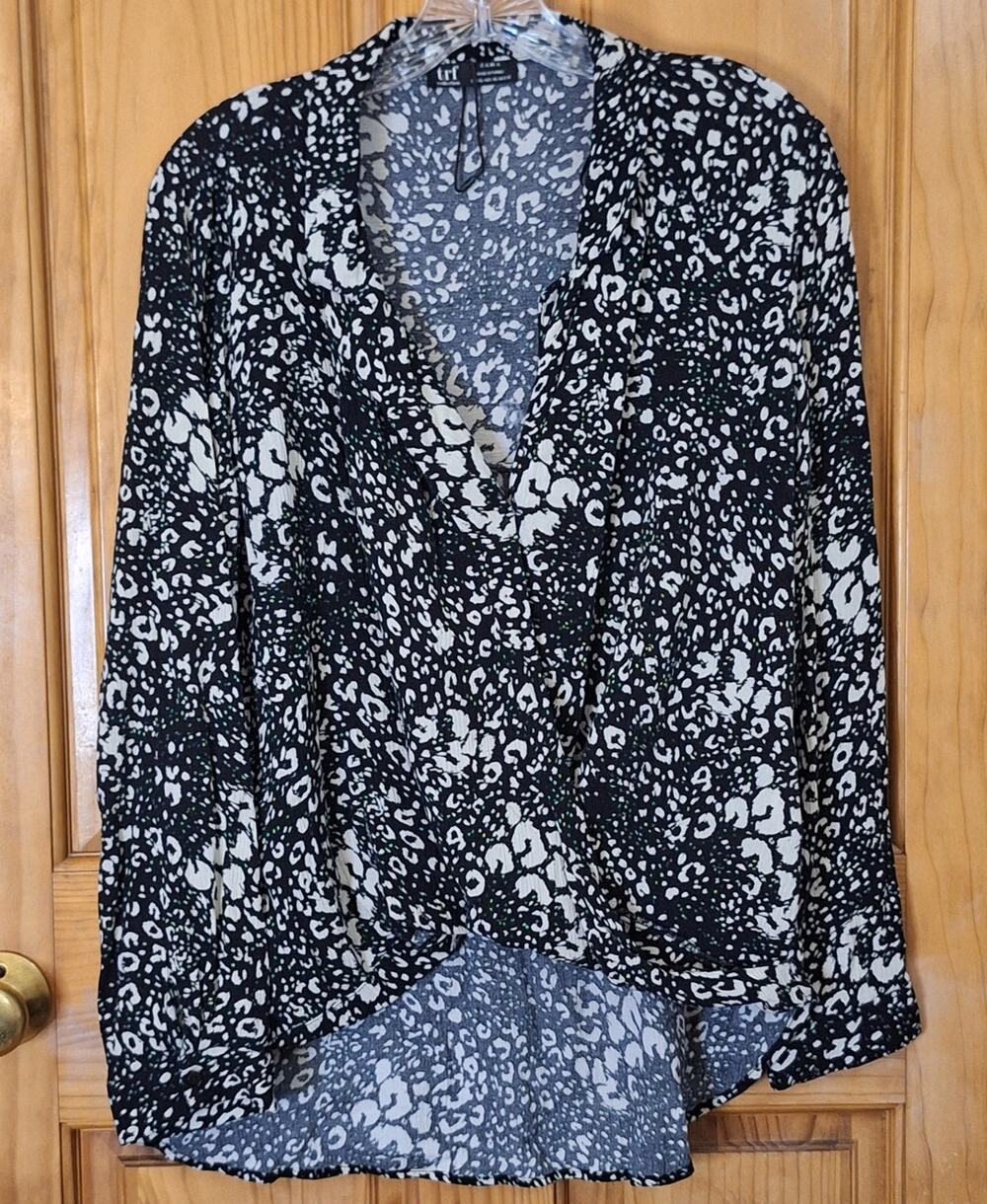 ZARA TRF Collection Shirt Women's XL Black Cream Spotted Rolled Faux Wrap Blouse